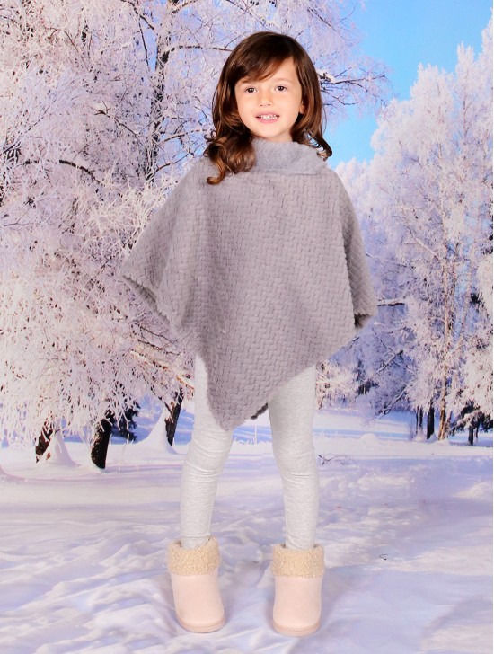 Kids Soft Faux Fur Poncho W/  Tile Pattern and Faux Fur Neckline (3-7 Years Old) 